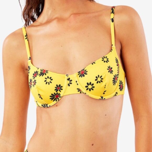 Revolve Solid & Striped Floral Bikini Top Swim Underwire Yellow Black Red Large - Picture 2 of 12